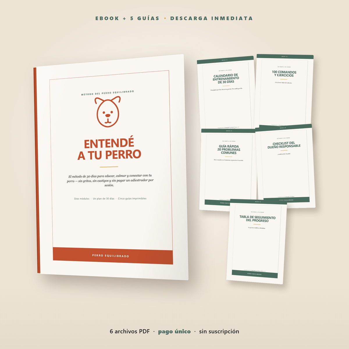 Entendé a tu Perro: el ebook y las cinco guías imprimibles. Seis archivos PDF, descarga inmediata.